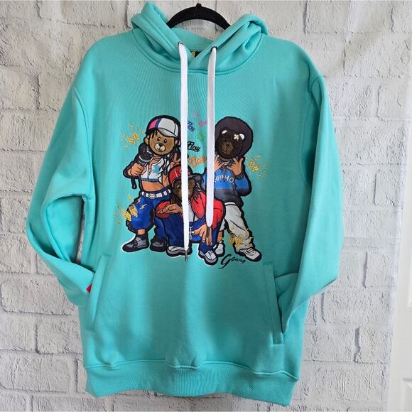 NWT Bleecker And Mercer Aqua Streetwear Hip Hop Urban Graphic Hoodie Men's Large - Picture 1 of 14